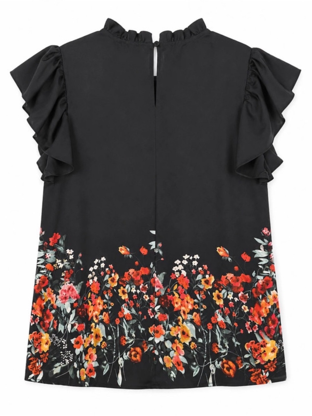 Black Floral Ruffle Sleeve Blouse
